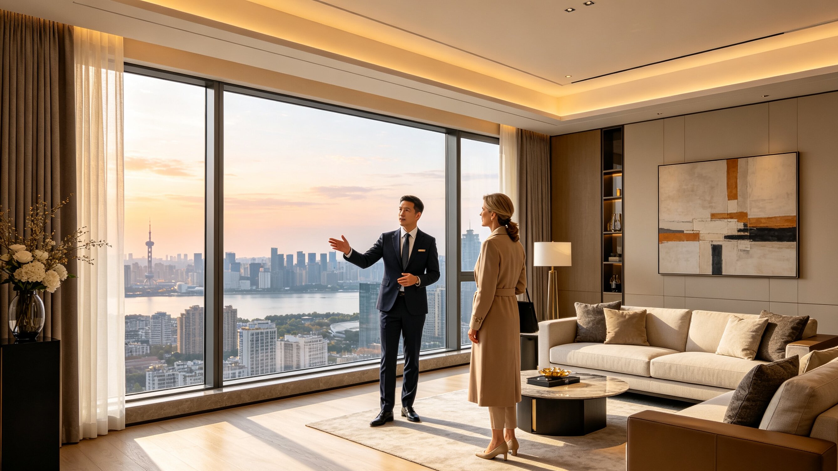 Modern luxury apartment interior in Hangzhou with panoramic West Lake and Qiantang River views